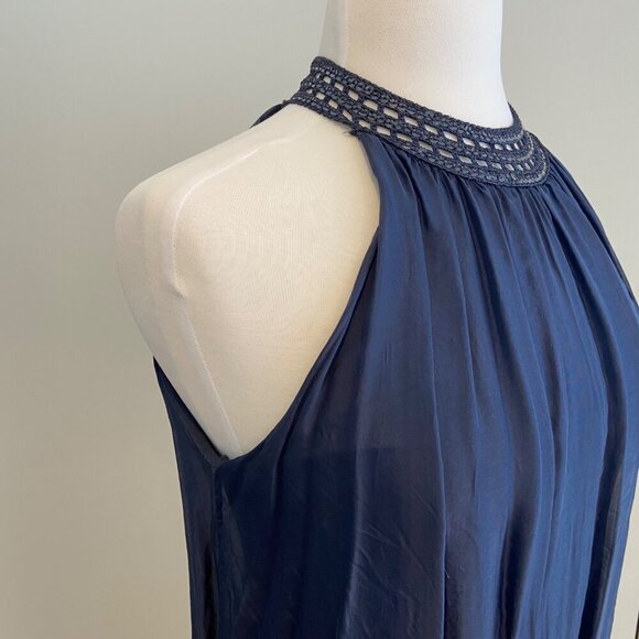 Made in Italy Halter Neck midnight blue Sleeveless Silk blend Chiffon Dress - Picture 2 of 15
